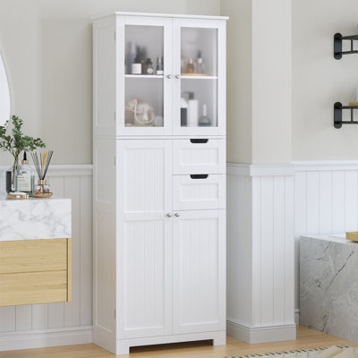 Bathroom Cabinet: Beadboard Panels Glass Door Bathroom Tower