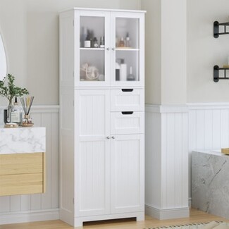Bathroom Cabinet: Beadboard Panels Glass Door Bathroom Tower