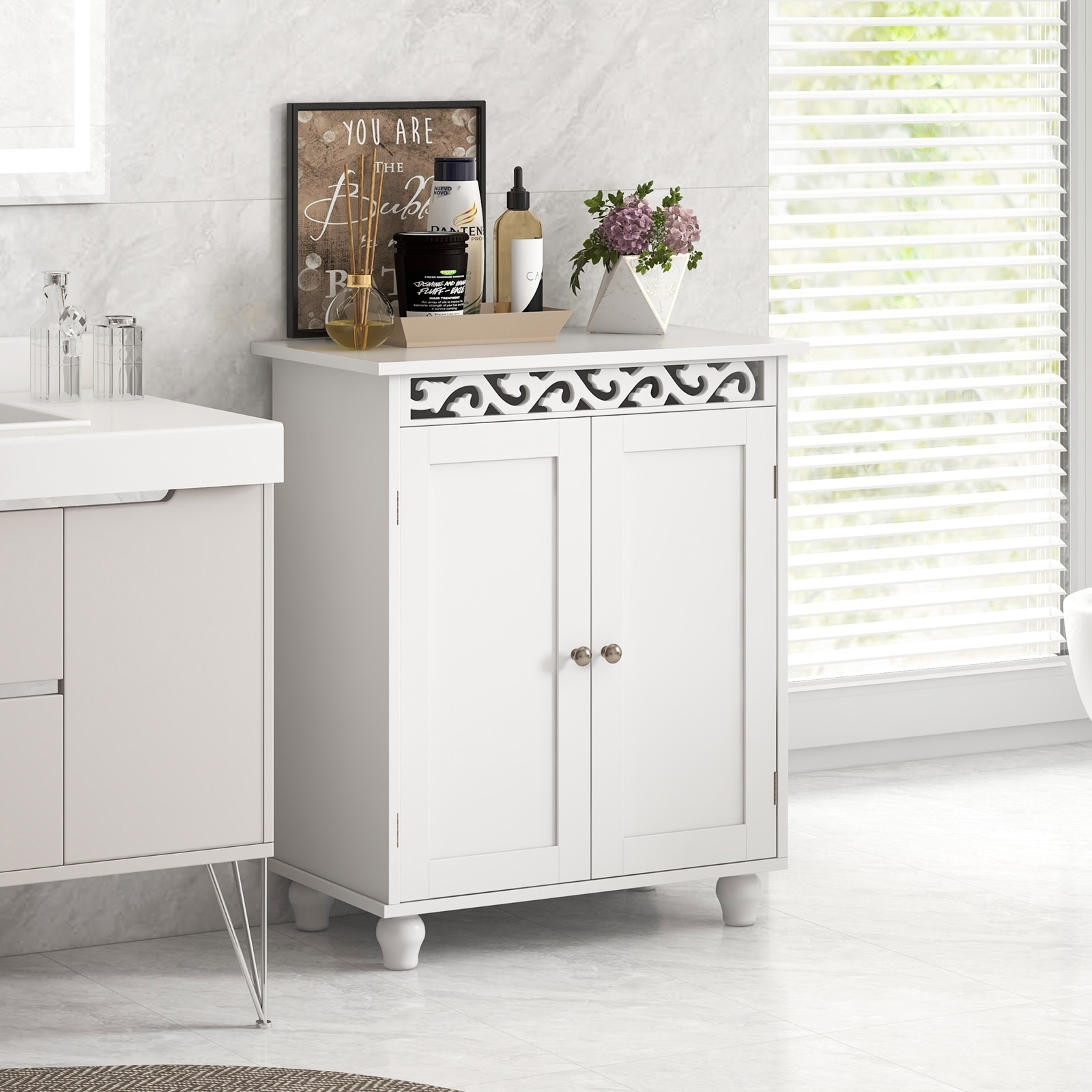 Bathroom Cabinet: Bun Feet White Scrollwork Bathroom Cabinet