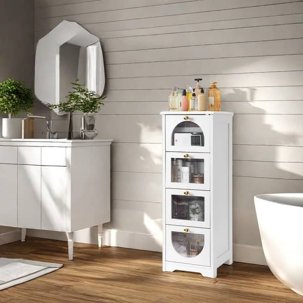 Bathroom Cabinet: Fluted Glass Arched Drawer Floor Cabinet