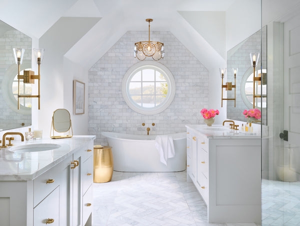 Bathroom Chandelier highlighting Gold Drum Frame and Marble