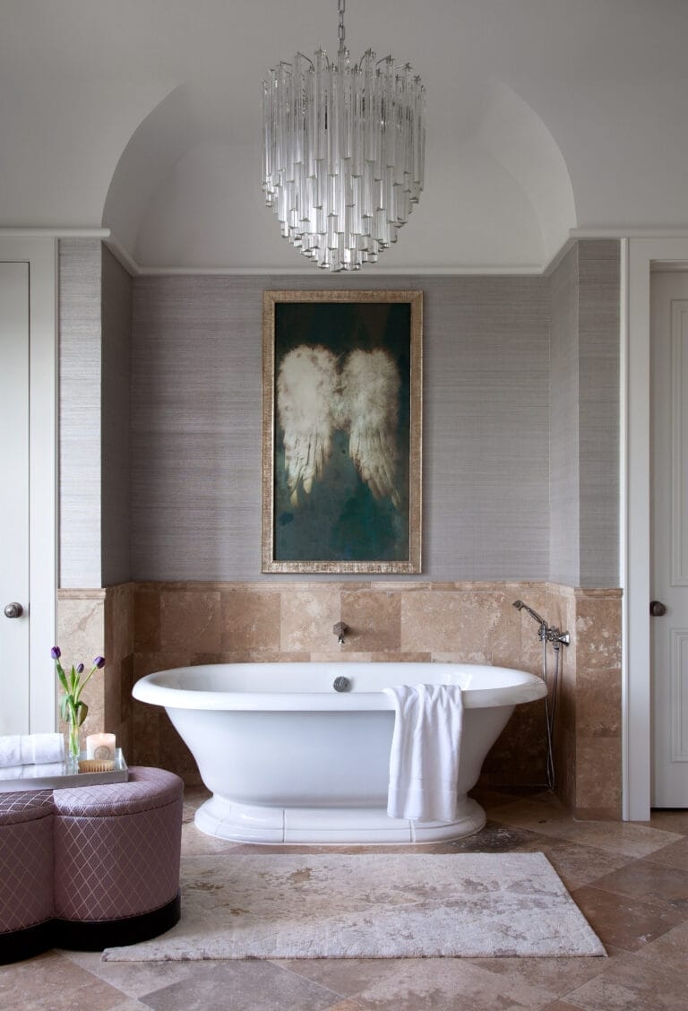 Bathroom Chandelier including Glass Rods in Arched Tub Alcove