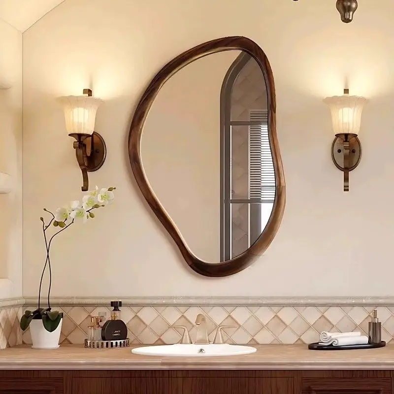 Bathroom Mirror: Asymmetrical Walnut Wood Organic Silhouette