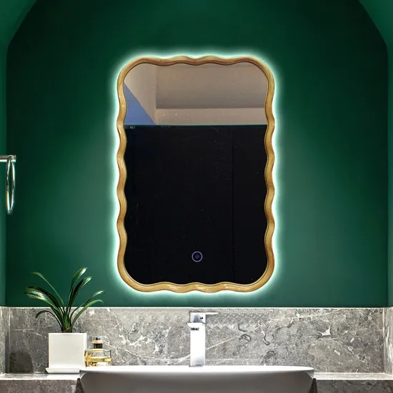 Bathroom Mirror: Backlit LED Scalloped Edge Gold Toned Frame
