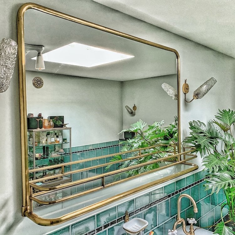 Bathroom Mirror Brass Rail Integrated Shelf Vanity