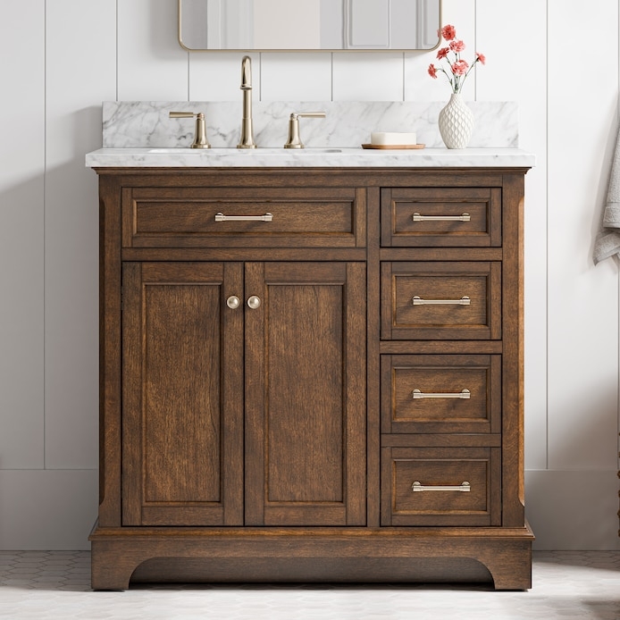 Bathroom Vanity: 36 inch dark walnut with four side storage drawers