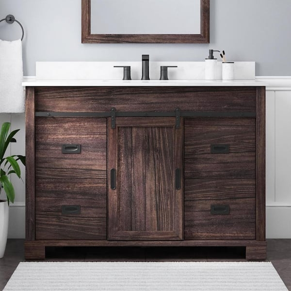 Bathroom Vanity: 48 inch dark walnut with sliding barn door and sink