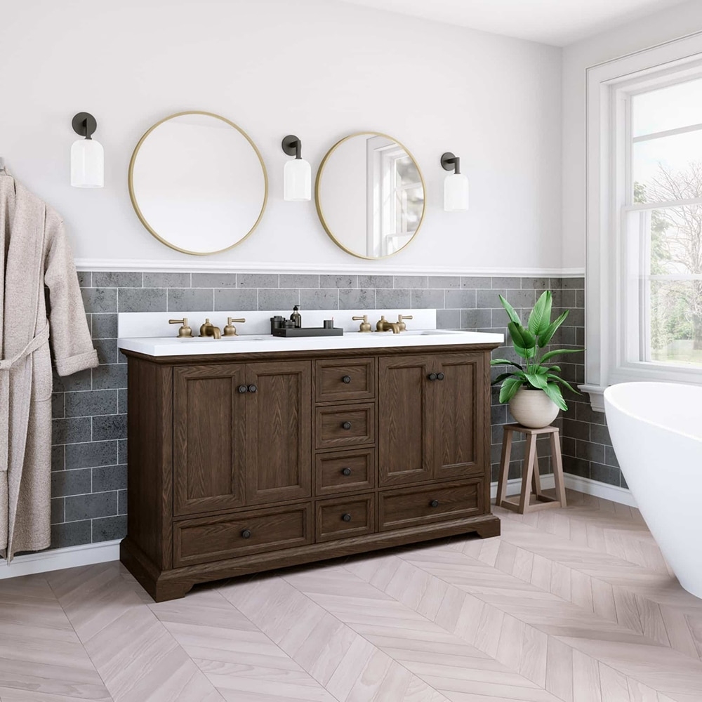 Bathroom Vanity: 60 inch dark oak with brushed gold faucets and sinks