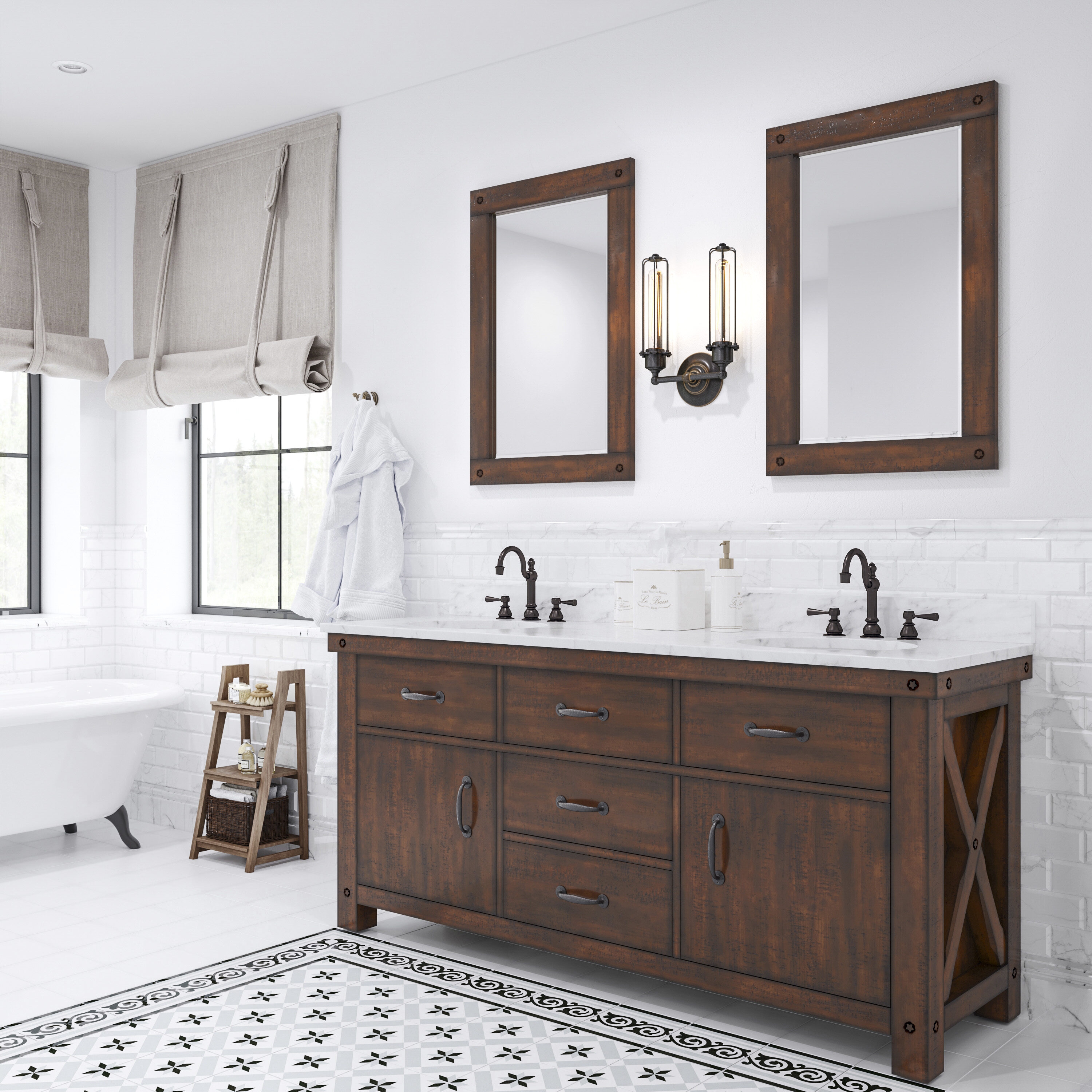 Bathroom Vanity: 72 inch rustic sienna with x-frame side and marble top