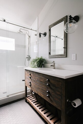 Bathroom Vanity Apothecary Style Vanity Cabinet and Hex Floor Tile