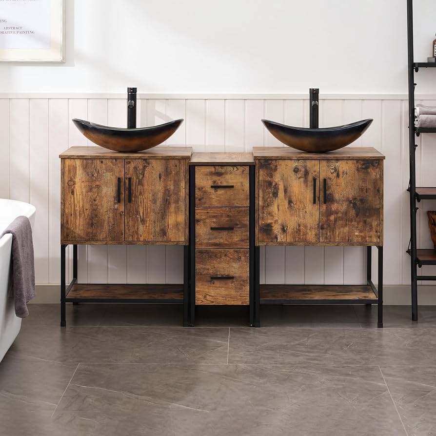 Bathroom Vanity Boat Shaped Vessel Sink and Industrial Iron Frame Unit