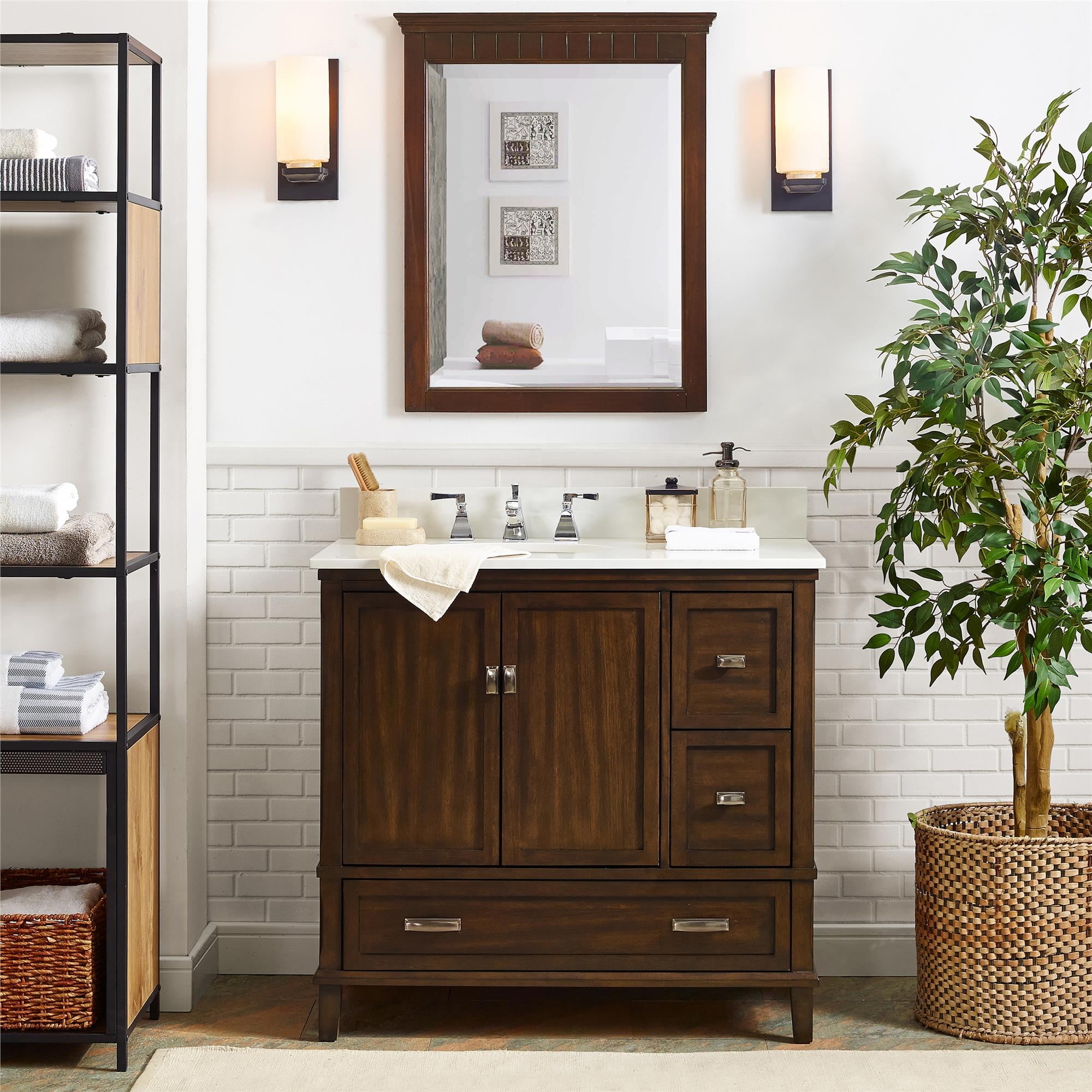 Bathroom Vanity: Dark walnut 36 inch with tapered legs and white top