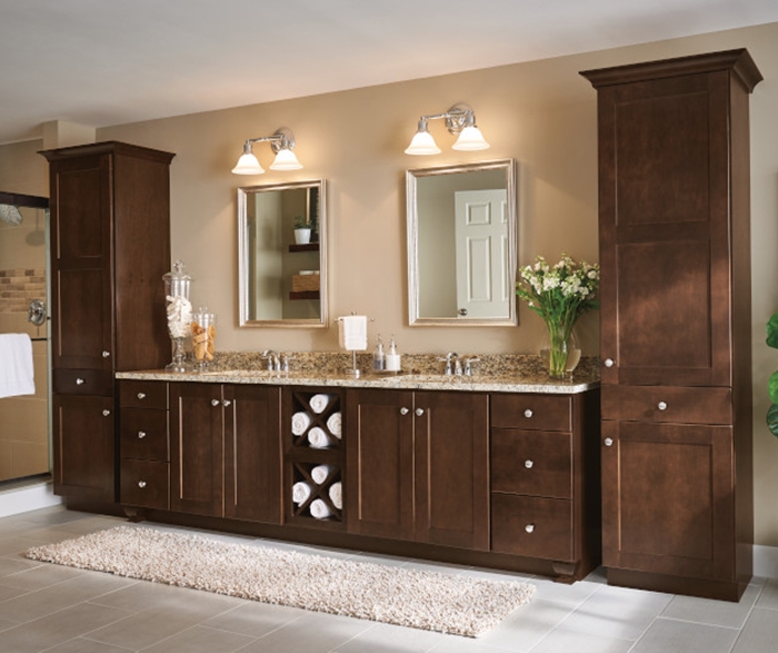 Bathroom Vanity: Espresso wood with linen towers and x-cubby storage