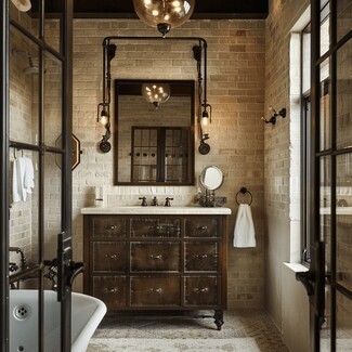Bathroom Vanity Exposed Brick Bathroom Walls with Nine Drawer Chest