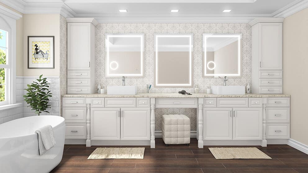 Bathroom Vanity Featuring Integrated Makeup Desk And Led Mirrors