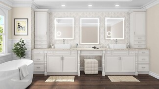 Bathroom Vanity Featuring Integrated Makeup Desk And Led Mirrors
