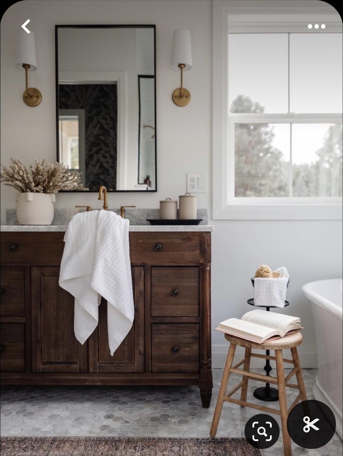 Bathroom Vanity: Honeycomb tile dark wood with brass hardware