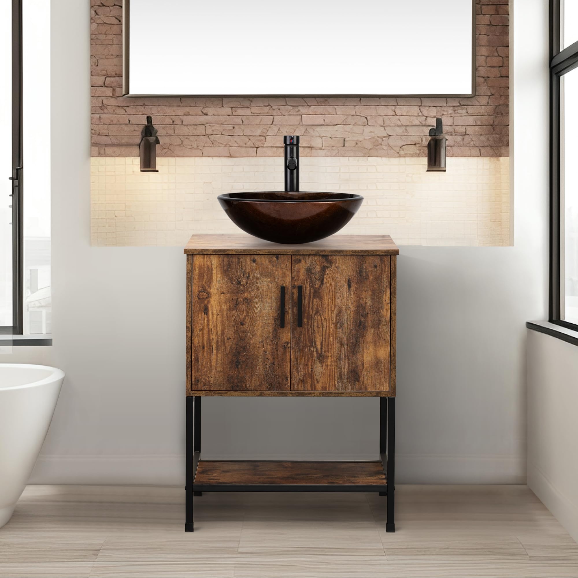 Bathroom Vanity: Industrial wood with amber glass sink and black frame