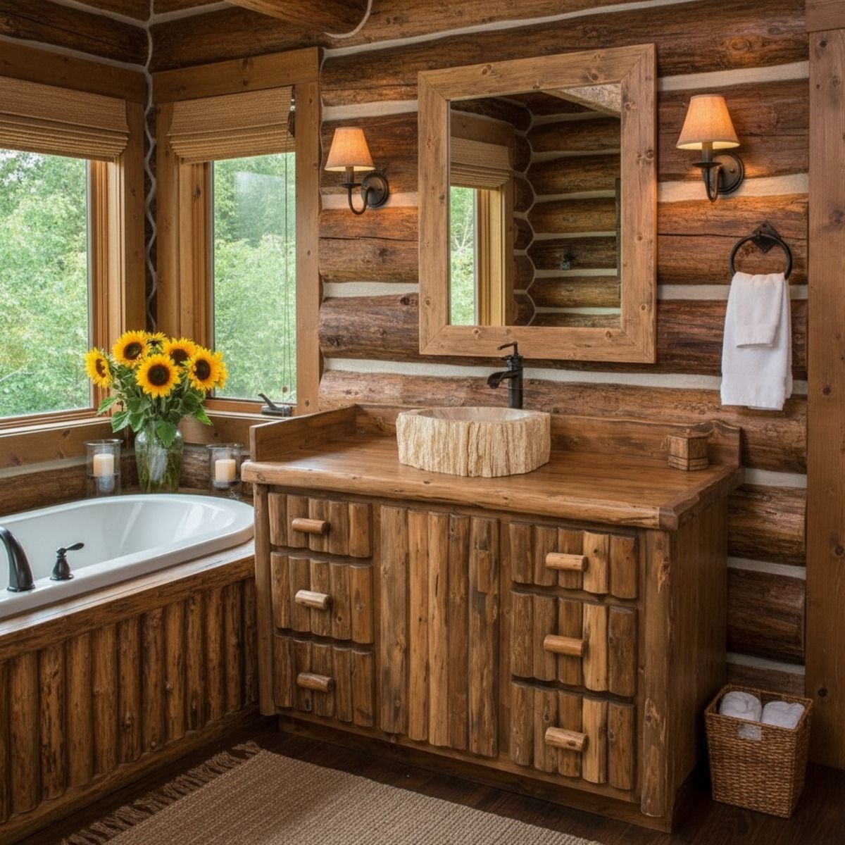 Bathroom Vanity Logger Style Furniture and Chinked Walls