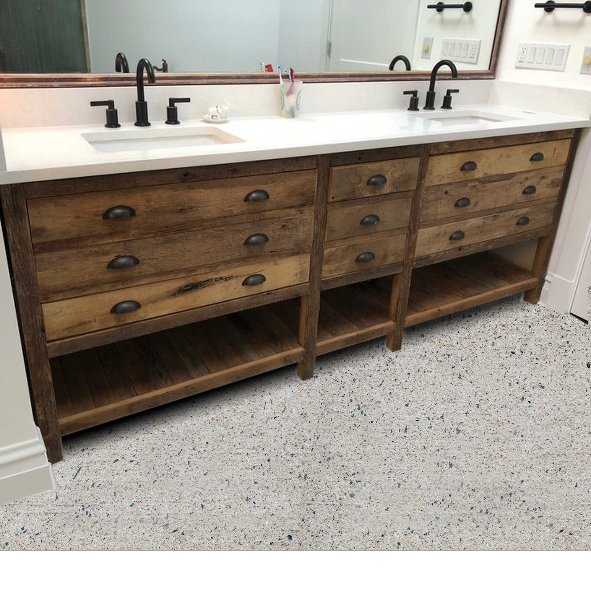Bathroom Vanity Matte Black Cup Pulls and Reclaimed Wood Look Finish
