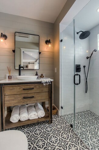 Bathroom Vanity Patterned Bathroom Tile and Open Bottom Shelf