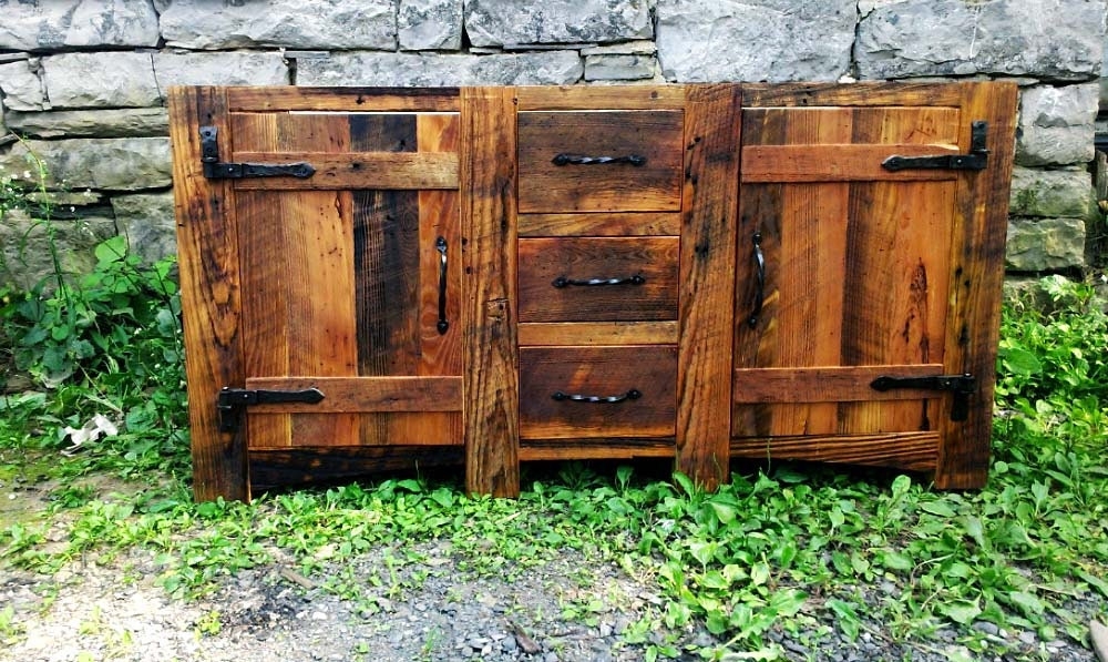 Bathroom Vanity Reclaimed Wood Cabinet with Strap Hinges