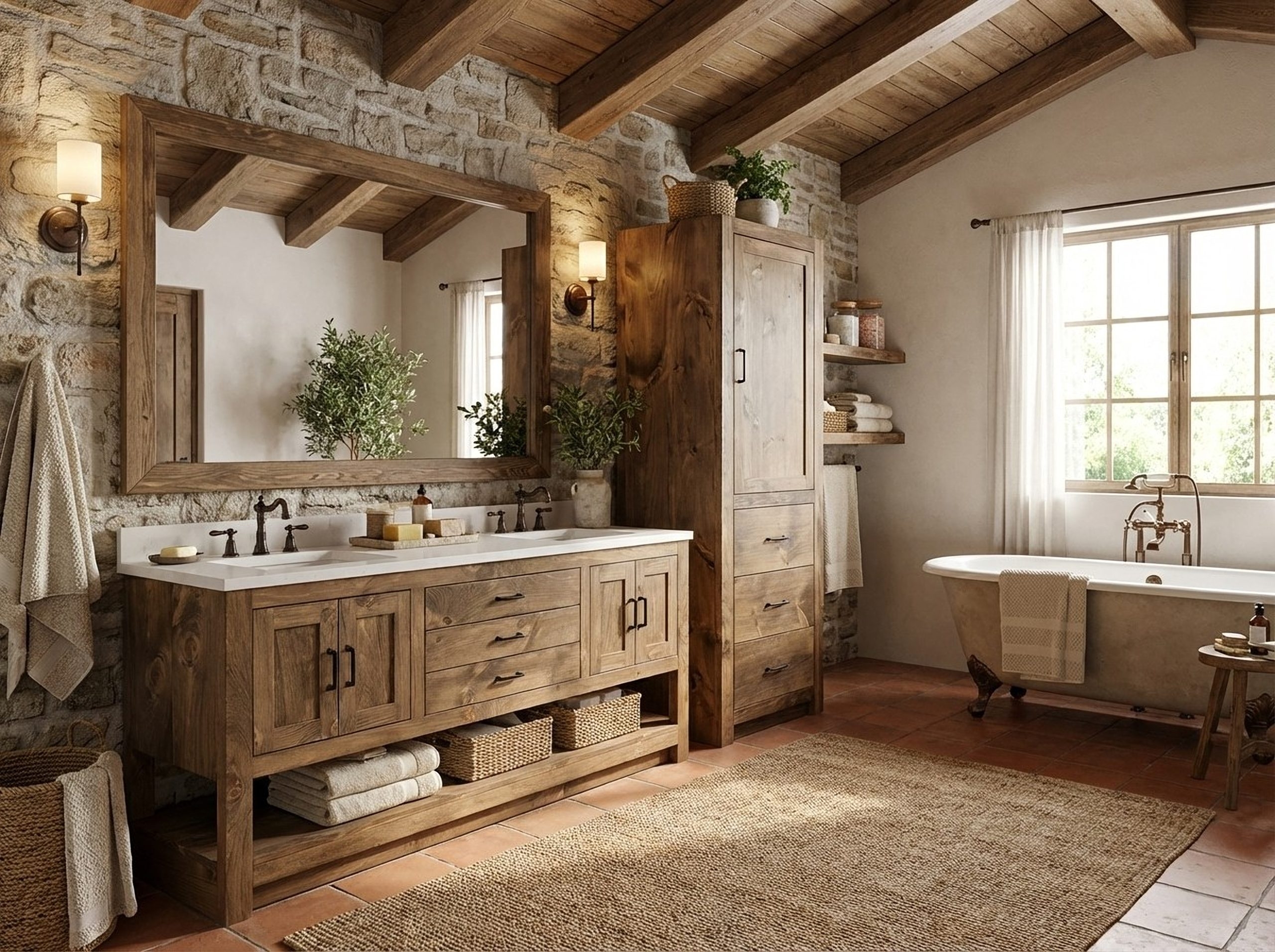 Bathroom Vanity: Rustic wood open lower shelf and matching tall cabinet