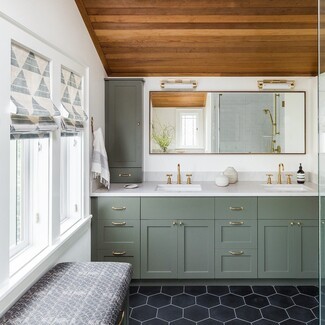 Bathroom Vanity Sage Green Cabinets and Black Hex Tiles