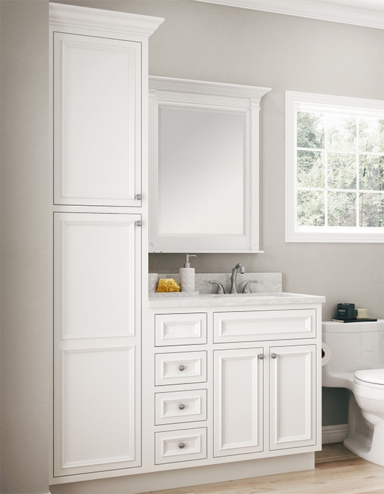 Bathroom Vanity Set Featuring Modular White Shaker Cabinetry