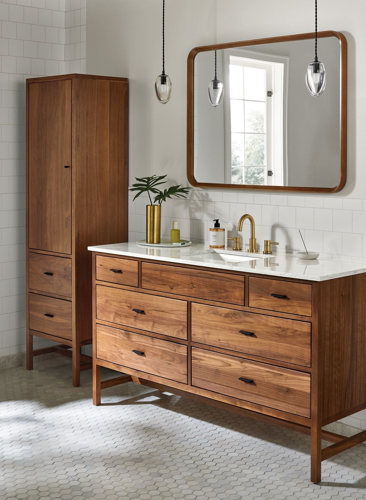 Bathroom Vanity Set With Walnut Linen Tower And Tapered Legs