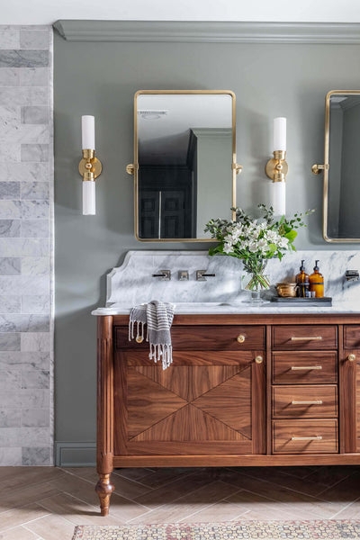 Bathroom Vanity: Sunburst wood grain with scalloped marble backsplash