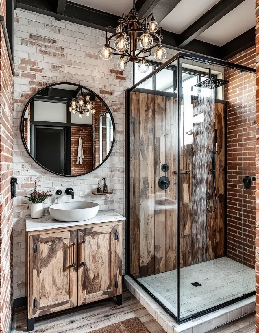 Bathroom Vanity Vertical Wood Plank Shower and Exposed Brick Wall