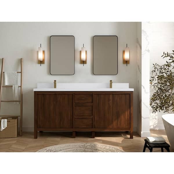 Bathroom Vanity: Walnut 72 inch wide with three center storage drawers