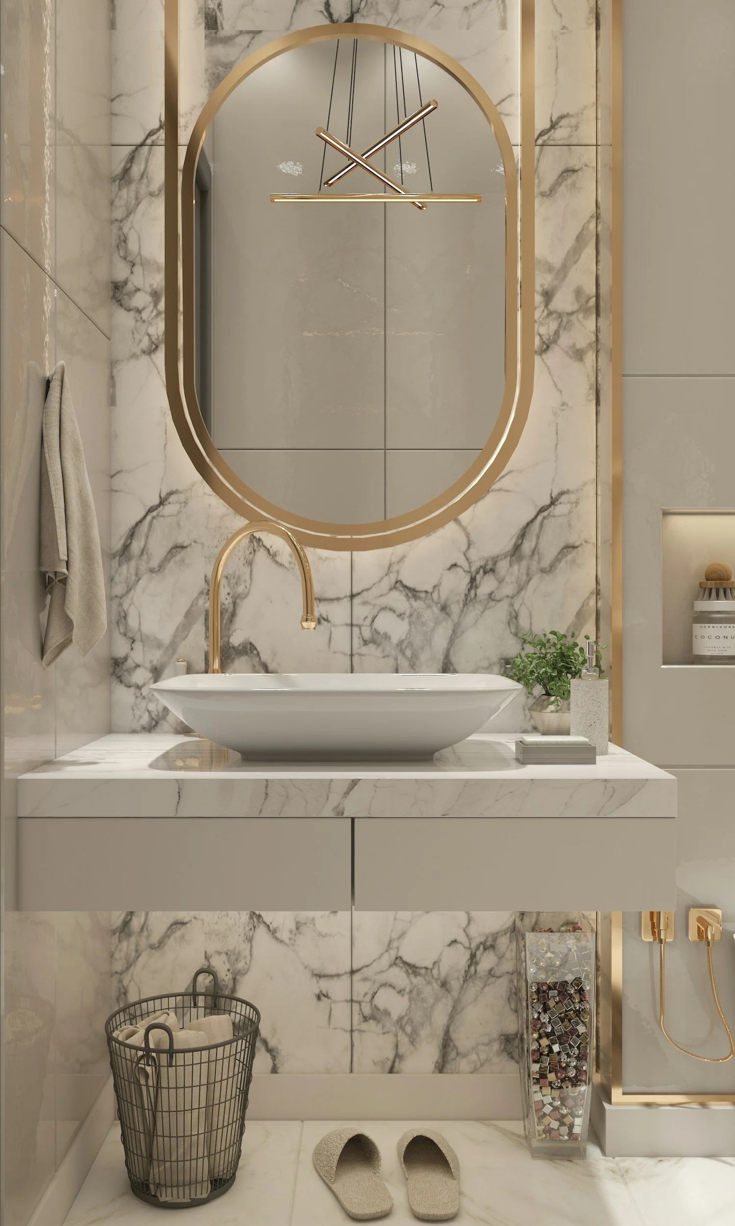 Bathroom Vanity with Back Lit Pill Shaped Mirror Frame