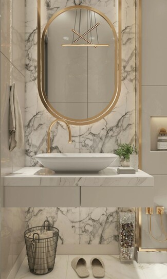 Bathroom Vanity with Back Lit Pill Shaped Mirror Frame