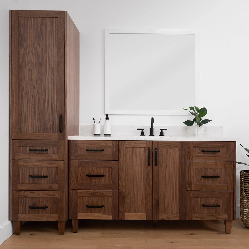 Bathroom Vanity With Tall Walnut Linen Cabinet And Bar Pulls