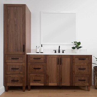 Bathroom Vanity With Tall Walnut Linen Cabinet And Bar Pulls
