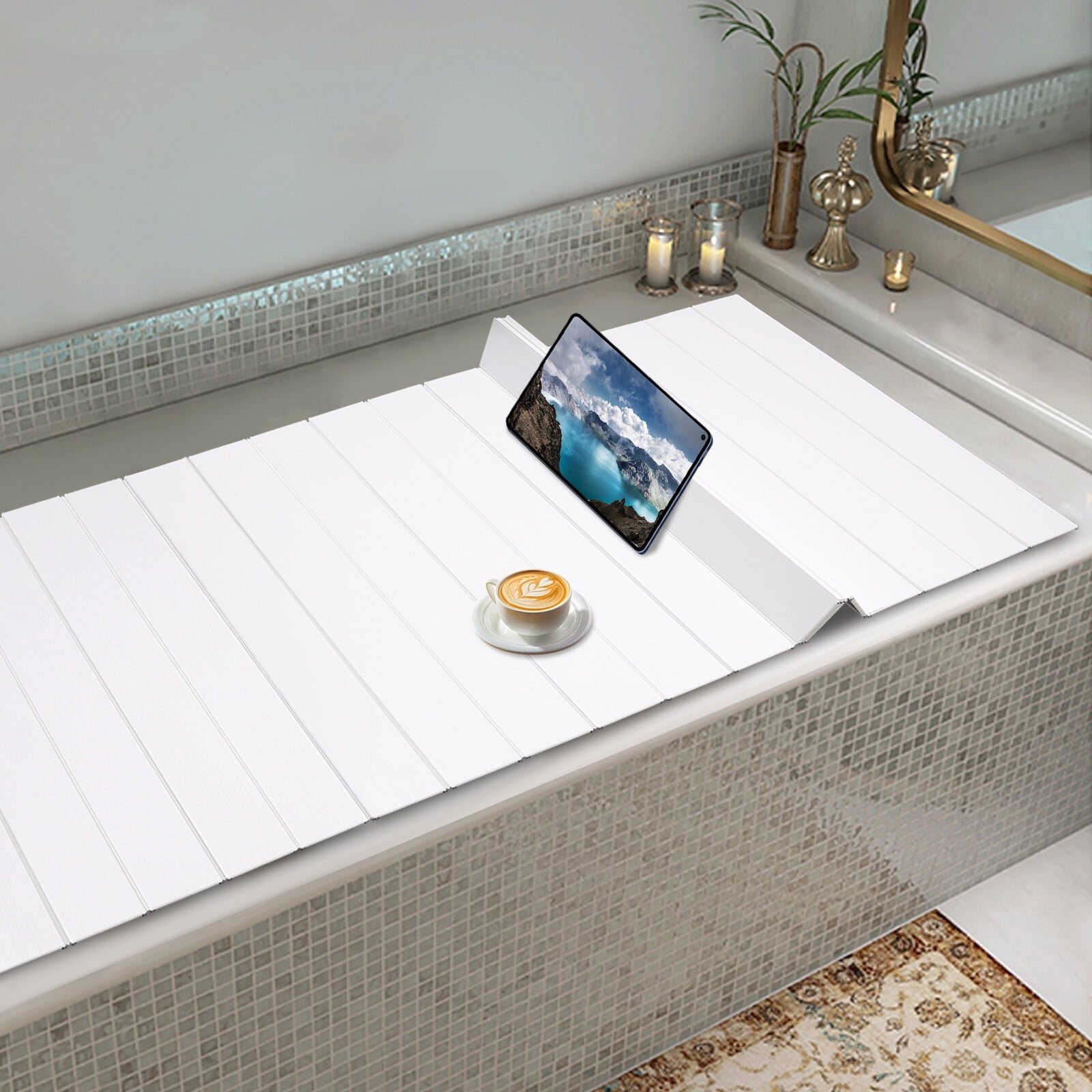 Bathtub Cover PVC Slats Accordion Style White Foldable Tray