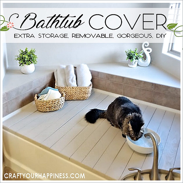 Bathtub Cover Removable Panels Greige Slatted Design Tub Shelf