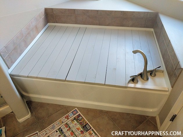 Bathtub Cover Slatted Panels Whitewashed Wood Tub Lid