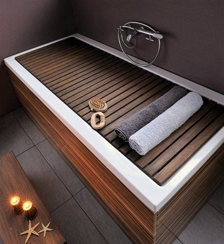 Bathtub Cover Slatted Top Wood Toned Spa Style Bathtub Tray