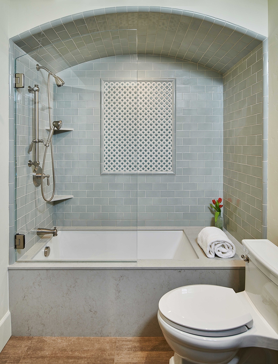 Bathtub Shower Combo with Arched Tile for Spa Bathroom Ideas