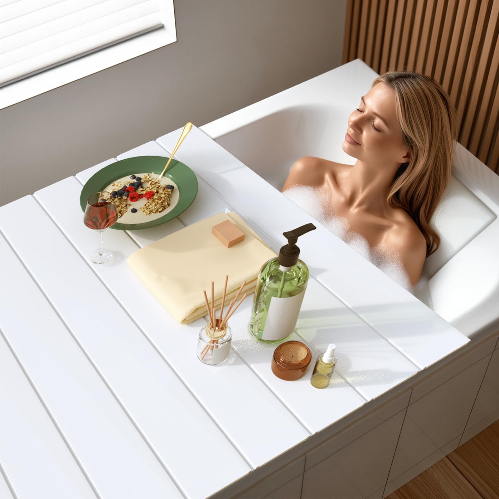 Bathtub Tray Foldable Slats Wide Bathtub Storage Surface