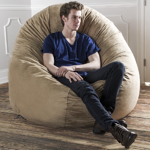 Bean Bag Chair with Oversized Sand Beige Paneled Fabric