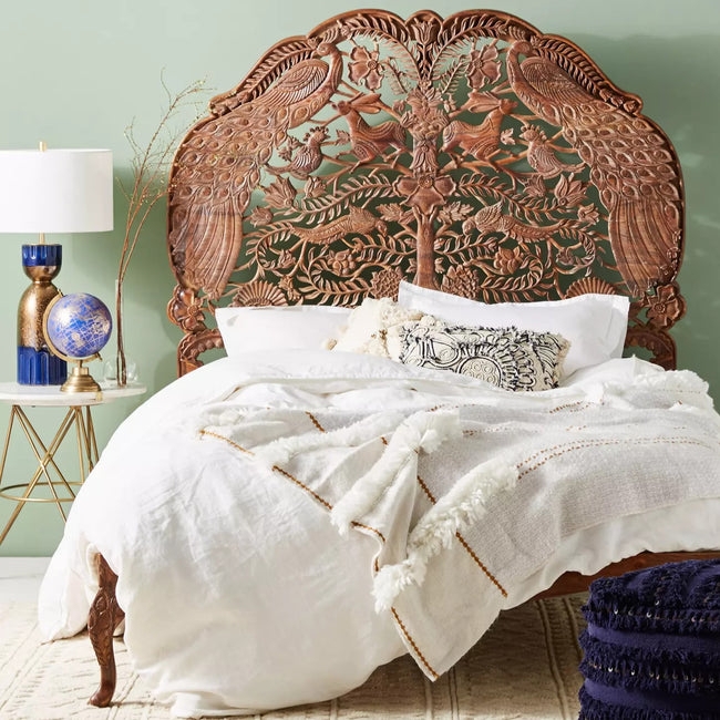 Bed Frame featuring Hand Carved Peacock Woodland Design