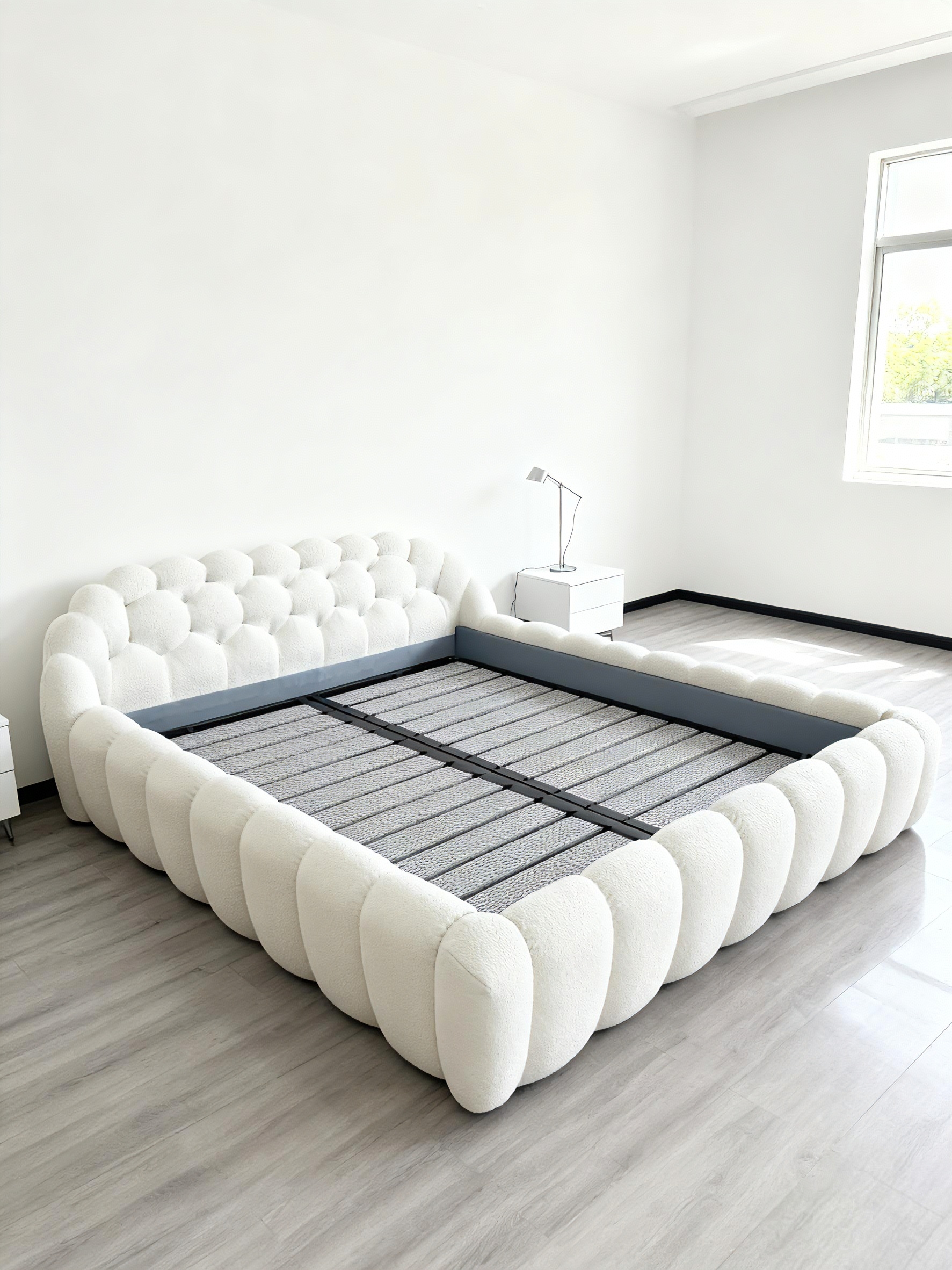 Bed Frame Off White Channel Tufted Rails Bouclé Bed