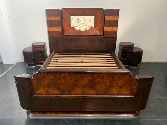 Bed Frame with Book-Matched Burl and Cherub Relief Carving