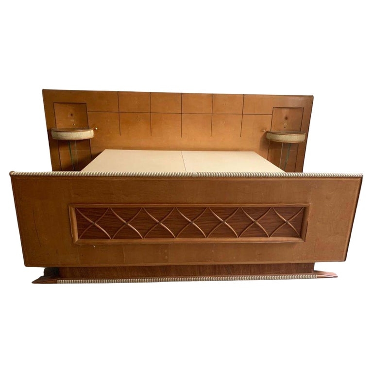 Bed Frame with Diamond Lattice Panel and Floating Shelves