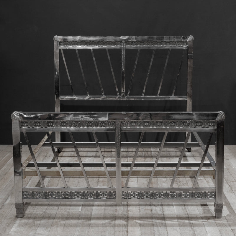 Bed Frame with Nickel Sunburst Motif and Embossed Metalwork