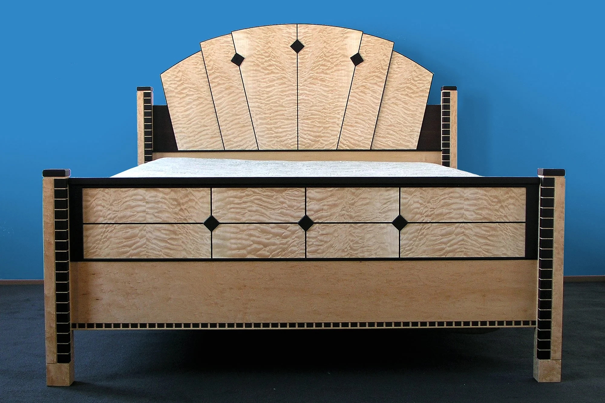 Bed Frame with Sunburst Headboard and Quilted Wood Grain